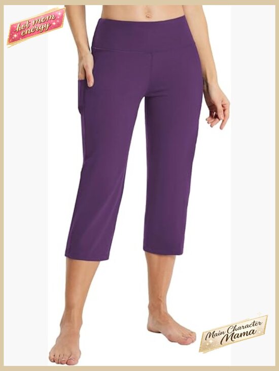 Pants - High Rise Wide Leg Yoga Capri Pants with Pockets Straight Loose Fit Tummy